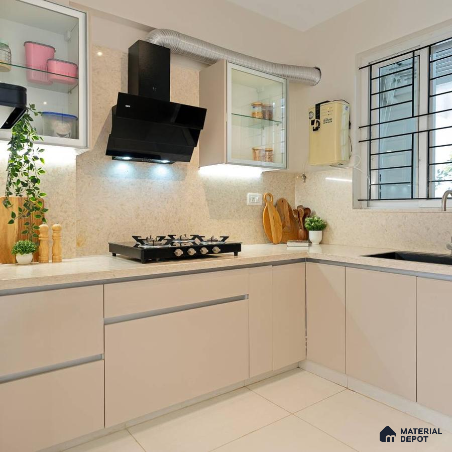 Modern kitchen with beige matte laminate cabinets and cream marble backsplash in Bengaluru | Material Depot