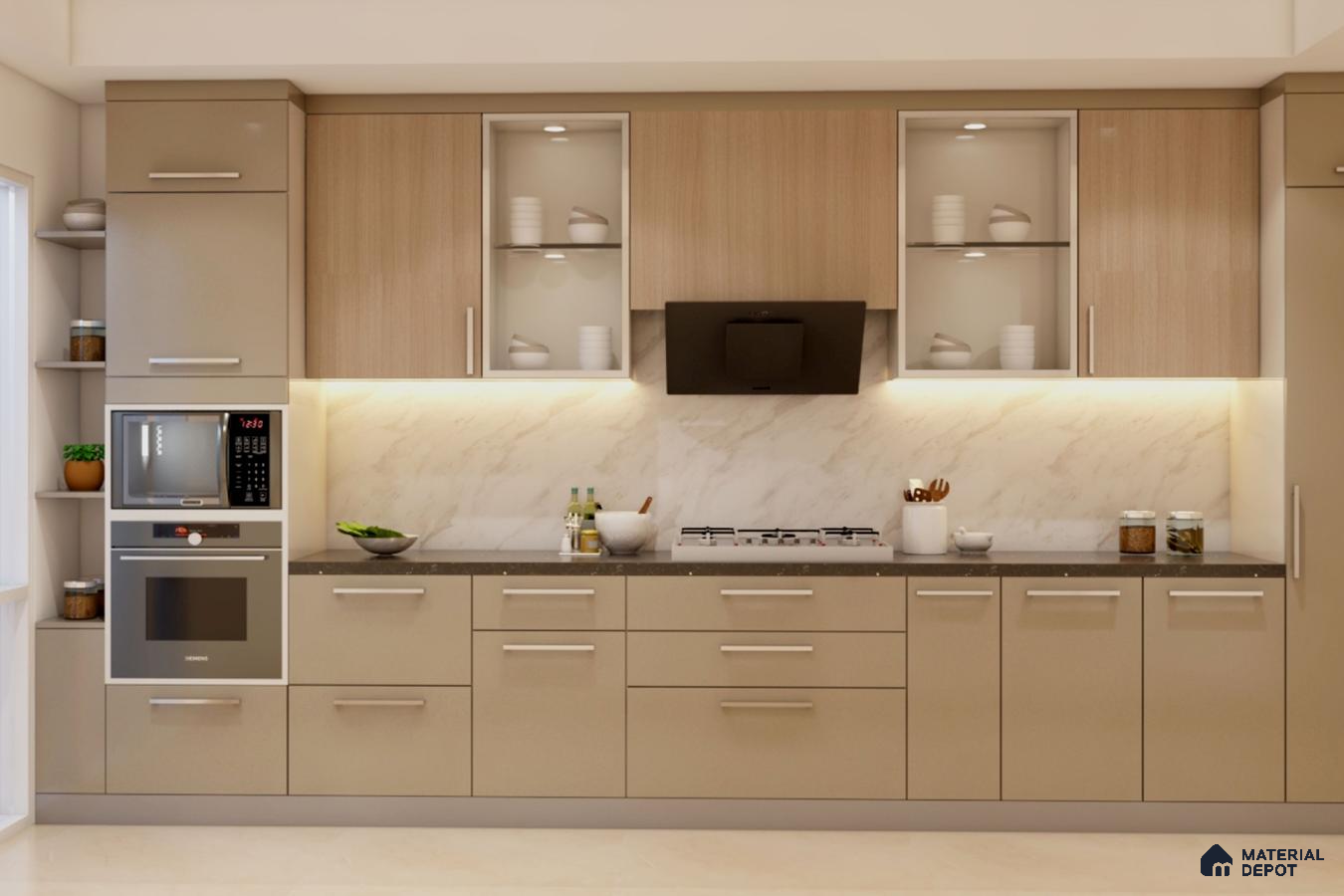 Modern kitchen with beige matte laminate cabinets, light wood laminate shutters, and marble-look backsplash in Bengaluru | Material Depot