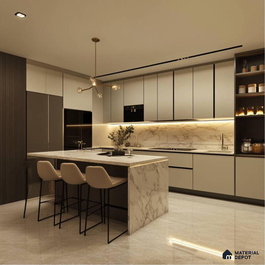 Modern kitchen with beige matte laminate, calacatta marble-look backsplash and island, and glossy marble floor tiles in Bengaluru | Material Depot