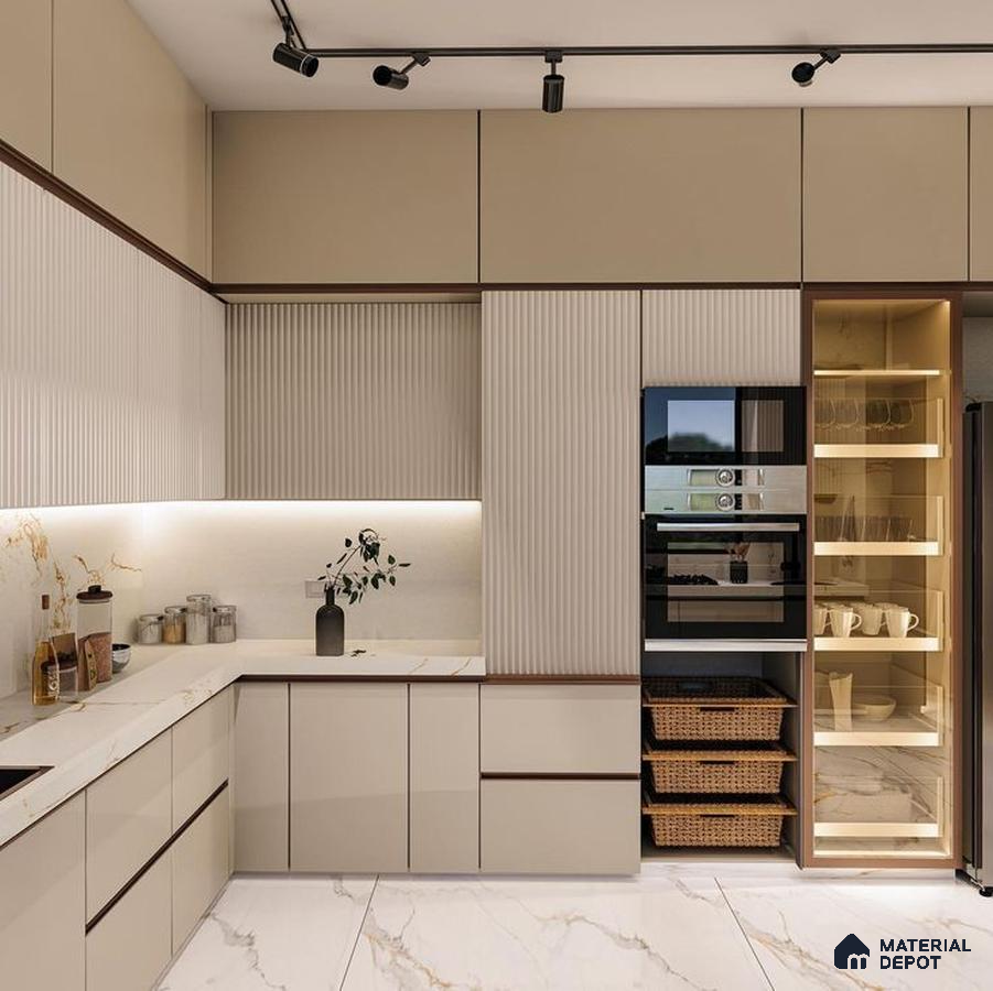 Modern kitchen with beige matte laminate, fluted panels, and white marble countertop in Bengaluru | Material Depot