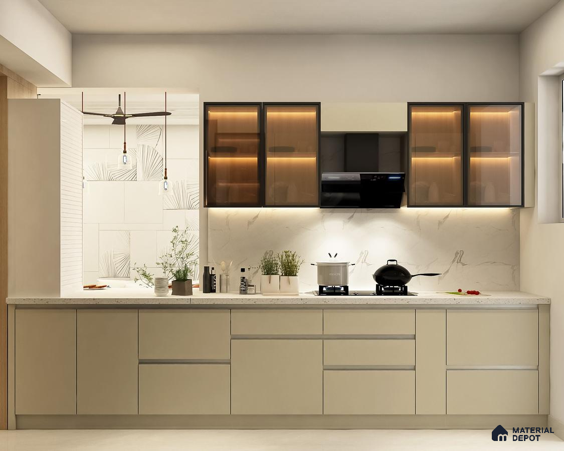 Modern kitchen with beige matte laminate, white marble-look backsplash, and glass overhead cabinets in Bengaluru | Material Depot