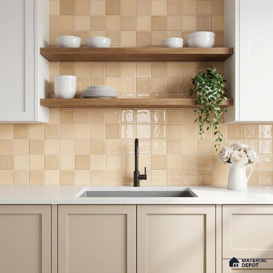 Modern kitchen with beige square wall tiles, white quartz countertop, and light wood open shelves