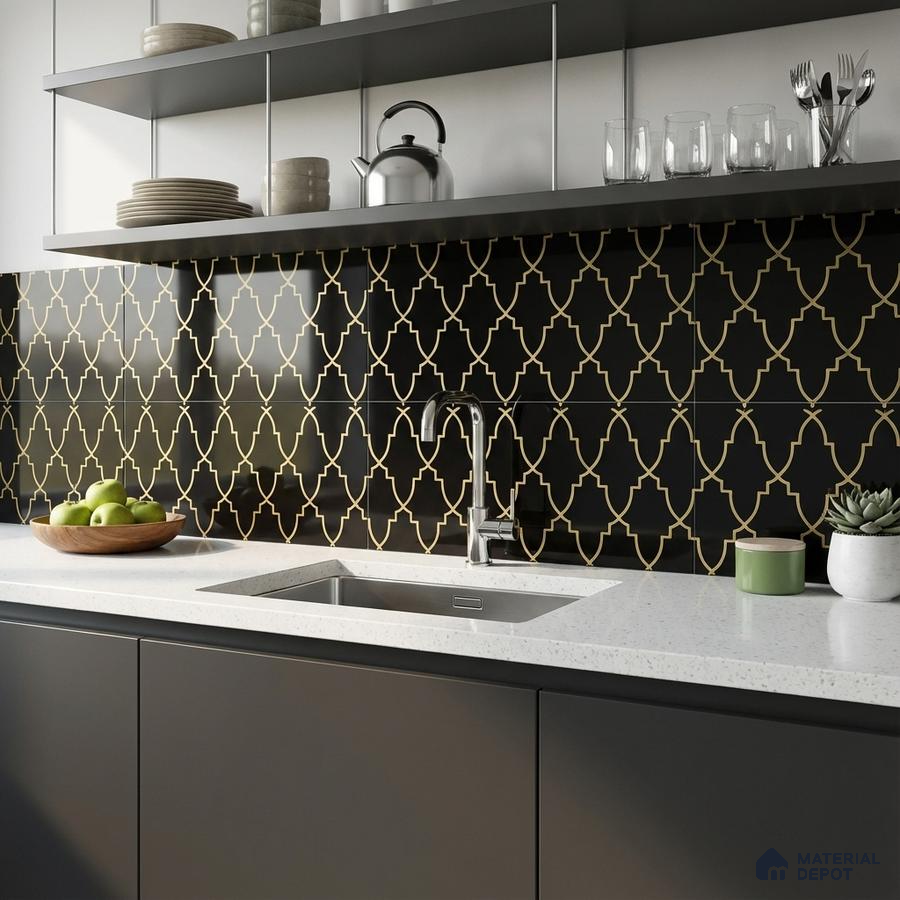 Modern kitchen with black and gold geometric moroccan backsplash tile and white quartz countertop