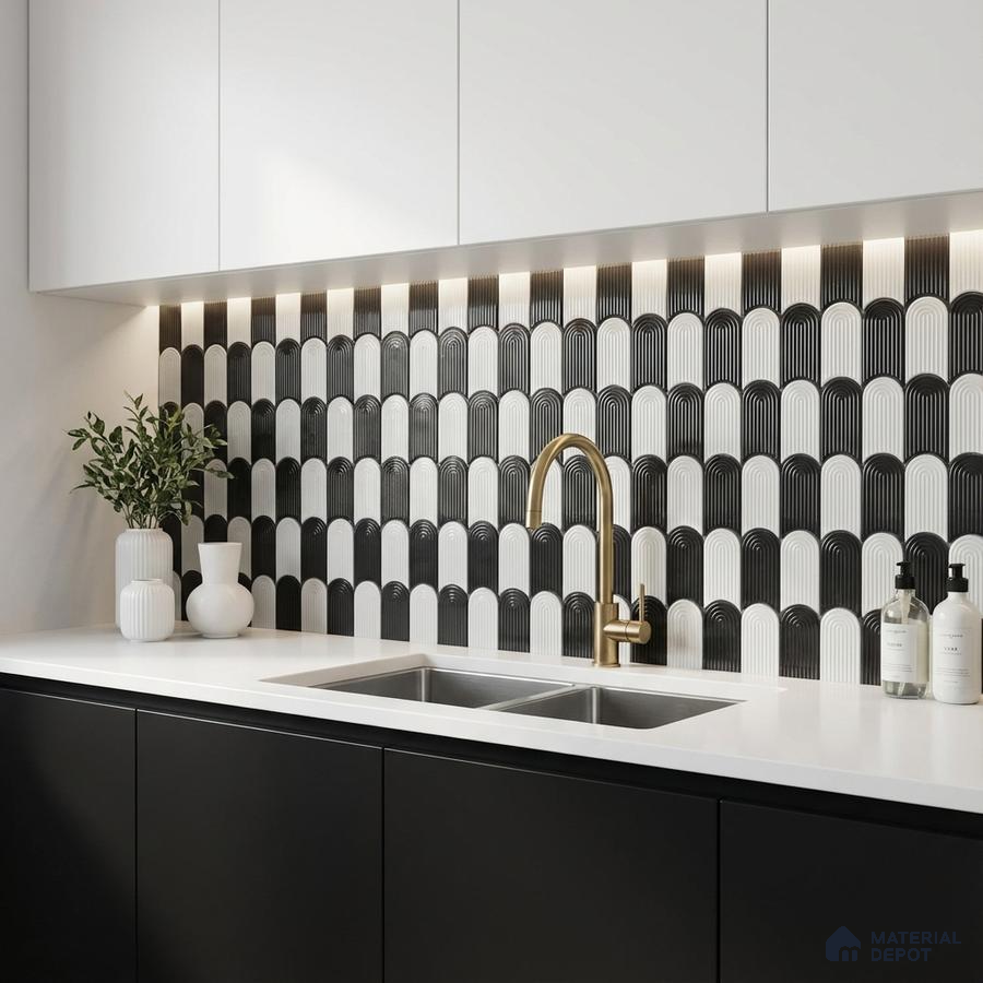 Modern kitchen with black and white geometric backsplash tile and matte black laminate cabinets