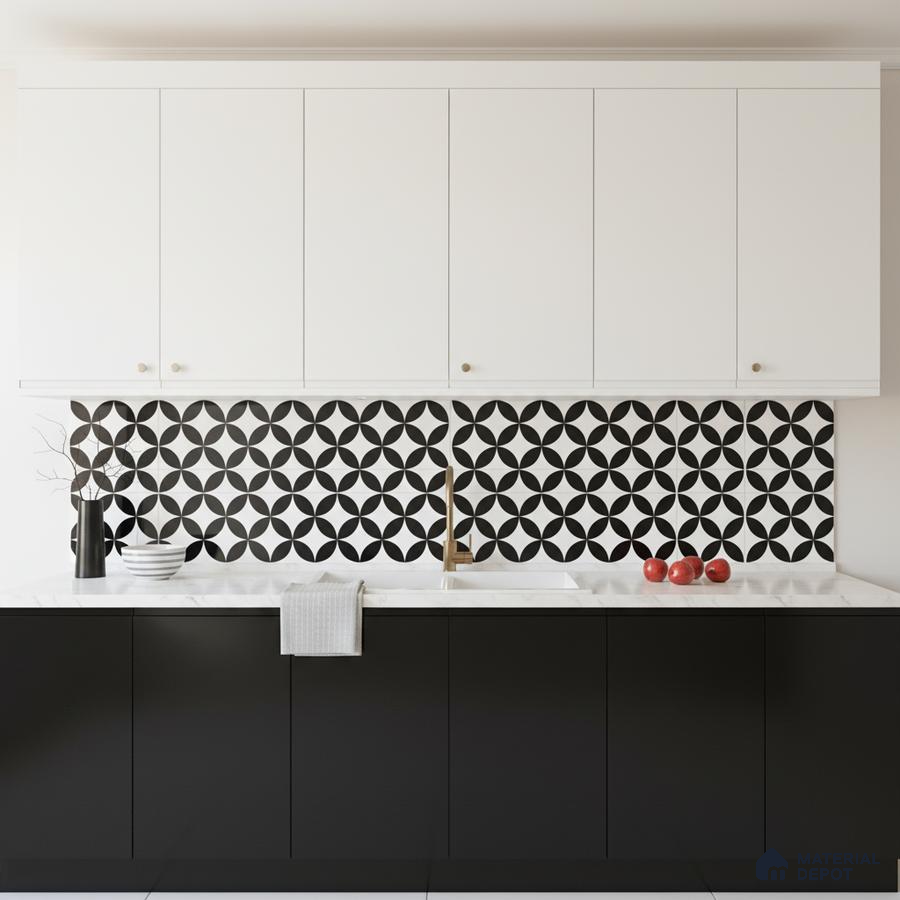 Modern kitchen with black and white geometric backsplash tile, white upper laminate, and black lower laminate cabinets in Bengaluru