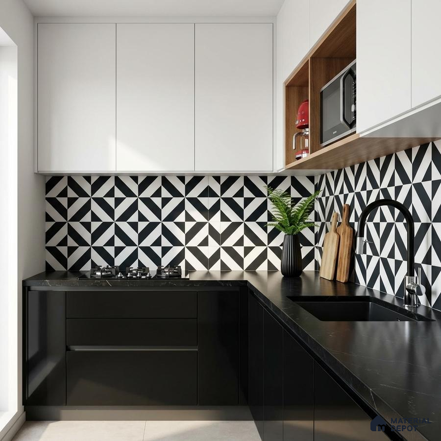 Modern kitchen with black and white geometric backsplash tiles and matte black laminate cabinets