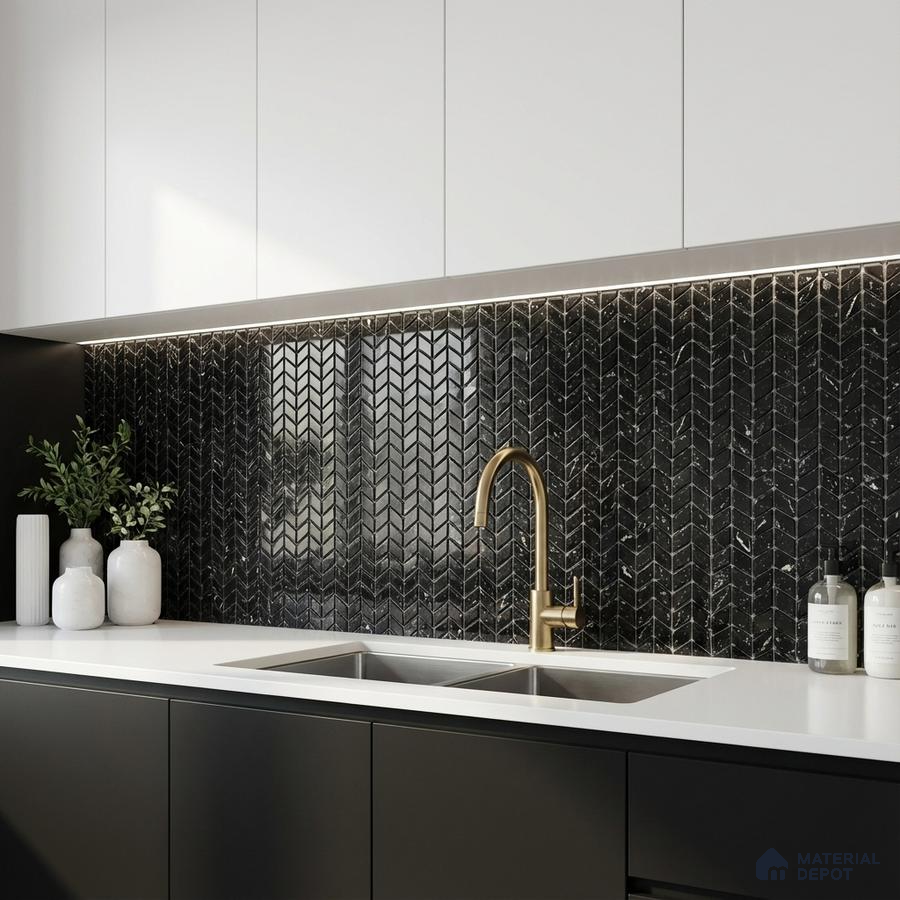 Modern kitchen with black chevron marble backsplash tile and white quartz countertop