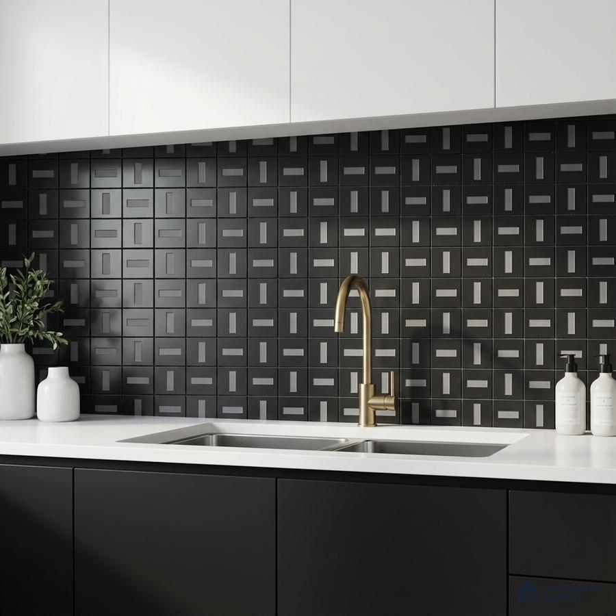 Modern kitchen with black geometric backsplash tile, matte black laminate cabinets, and white quartz countertop