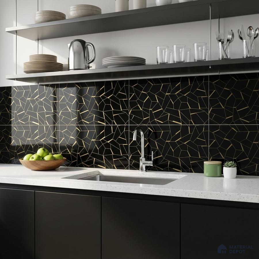 Modern kitchen with black geometric gold-accent backsplash tile and white quartz countertop