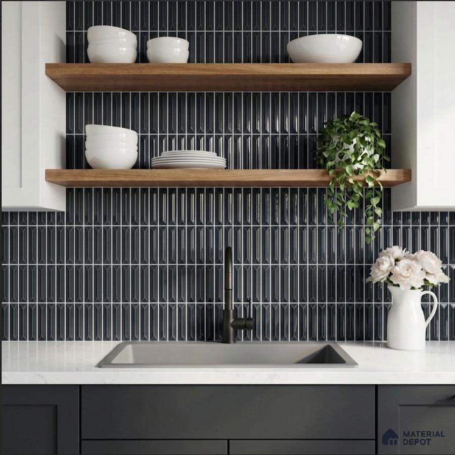 Modern kitchen with black kitkat backsplash tile, white quartz countertop, and wooden open shelves