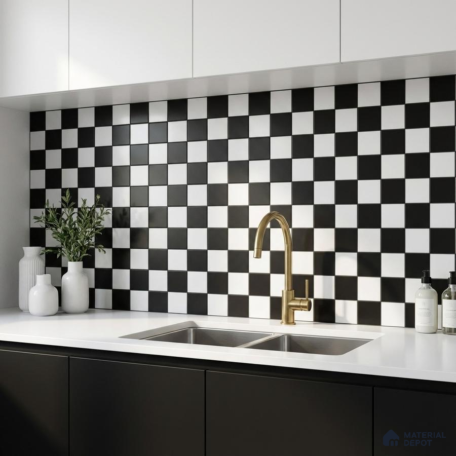 Modern kitchen with black-and-white checkerboard backsplash tile and white quartz countertop