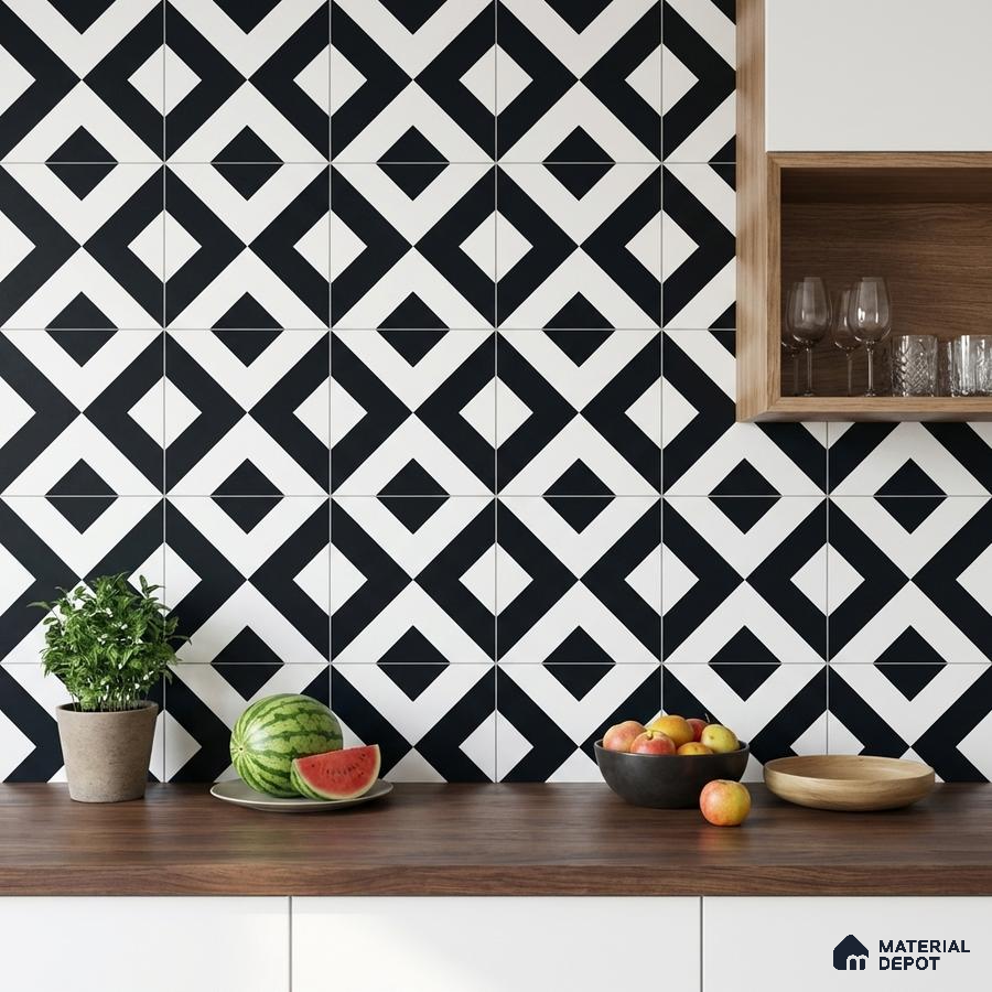 Modern kitchen with black-and-white geometric backsplash tiles and walnut wood countertop