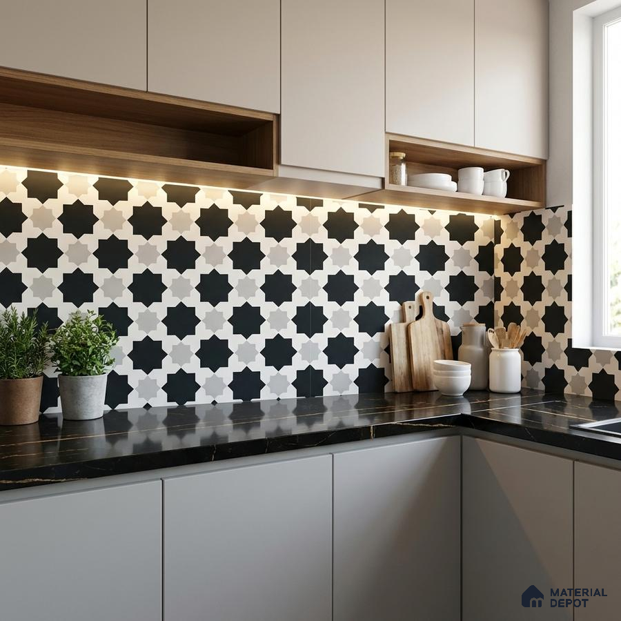 Modern kitchen with black-and-white geometric moroccan backsplash tile and matte black marble countertop
