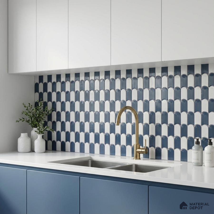 Modern kitchen with blue and white arch pattern backsplash tile and matte blue laminate cabinets