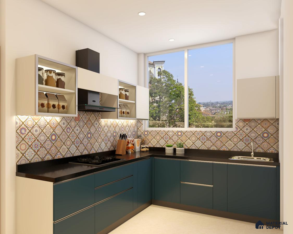 Modern kitchen with blue and white laminate cabinets, black countertop, and moroccan patterned backsplash tiles in Bengaluru | Material Depot