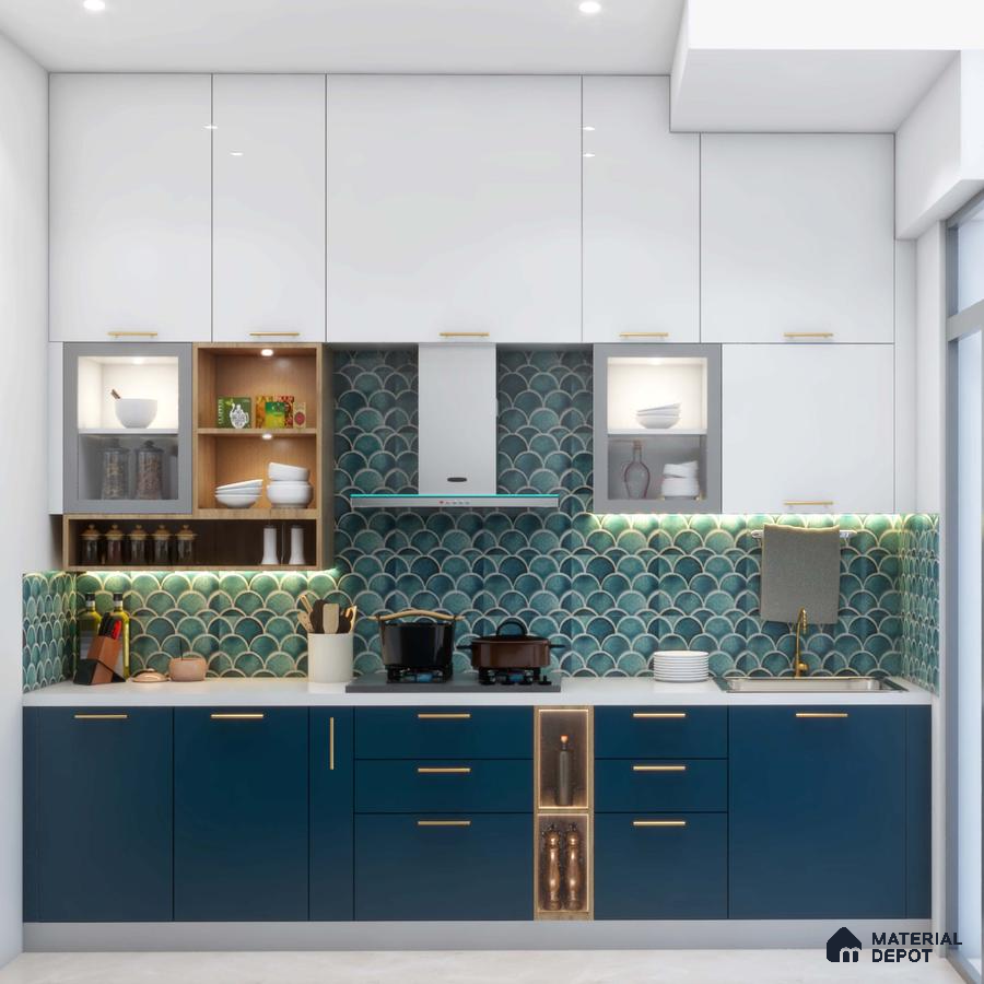 Modern kitchen with blue and white laminate, fish scale teal backsplash tile, and white quartz countertop in Bengaluru | Material Depot