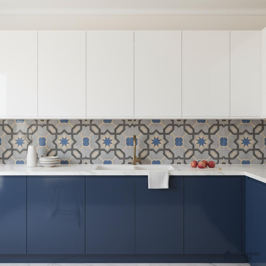 Modern kitchen with blue and white laminate, geometric moroccan backsplash tile, and white quartz countertop in Bengaluru