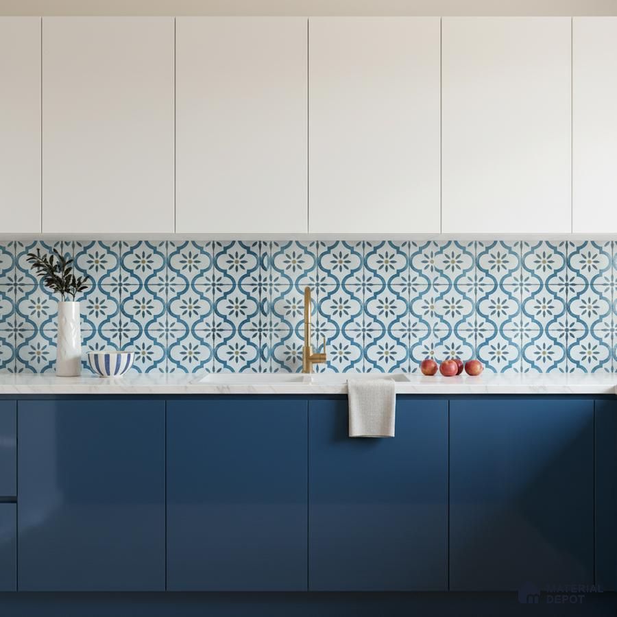 Modern kitchen with blue and white laminate, patterned blue moroccan backsplash tile, and white quartz countertop in Bengaluru
