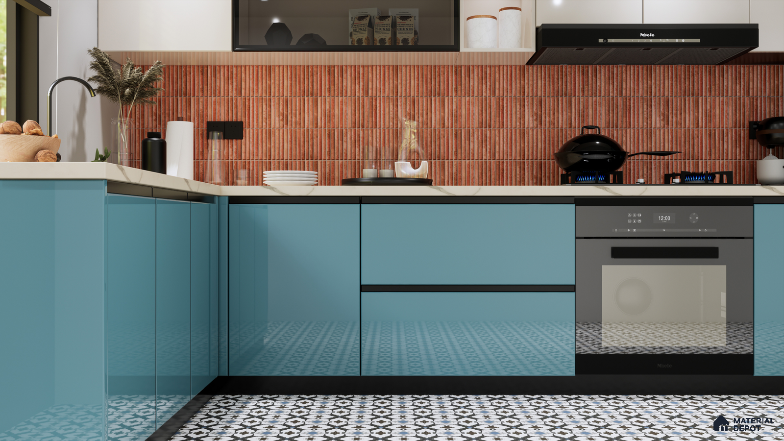 Modern Kitchen with Blue Cabinets and Terracotta Backsplash | Material Depot
