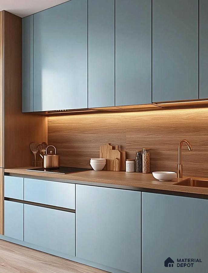 Modern Kitchen with Warm Earth Tones and Velvet Accents | Material Depot