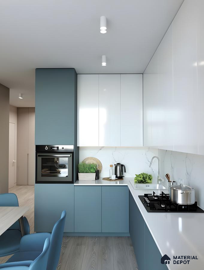 Modern Kitchen With Blue Cabinets And White Countertops | Material Depot