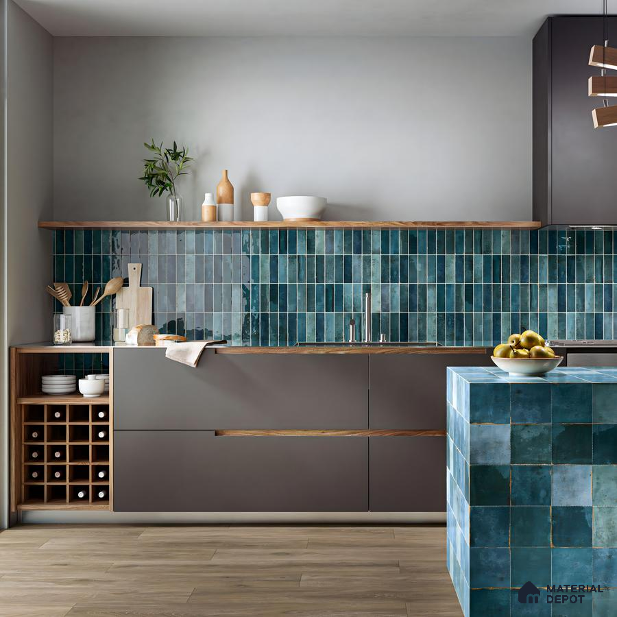 Modern Kitchen with Blue Glazed Tile Backsplash | Material Depot