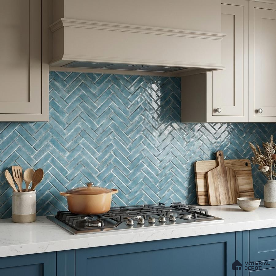 Modern kitchen with blue herringbone subway tile backsplash and white quartz countertop