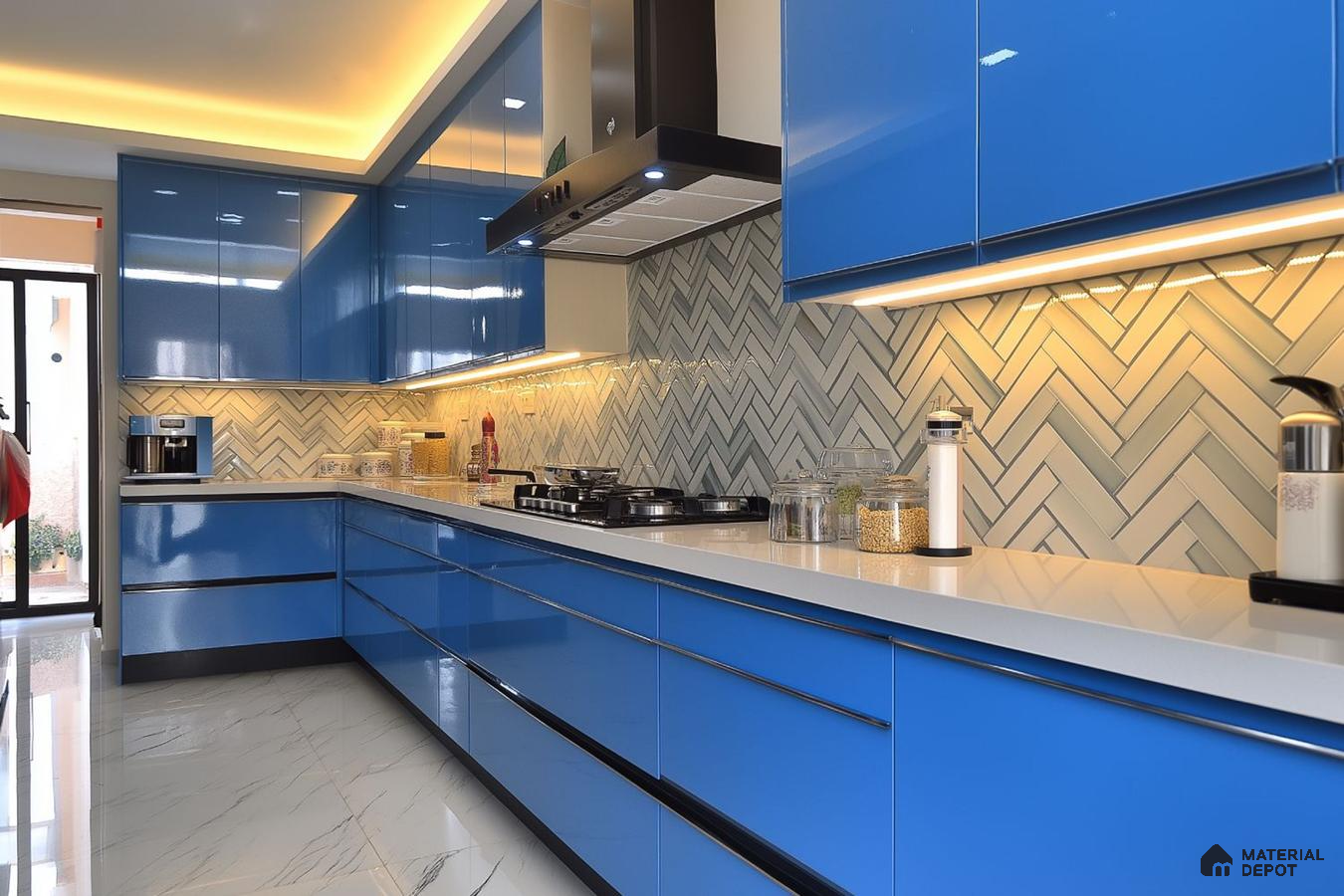 Modern kitchen with blue high gloss laminate cabinets, white quartz countertop, and herringbone subway tile backsplash in Bengaluru | Material Depot