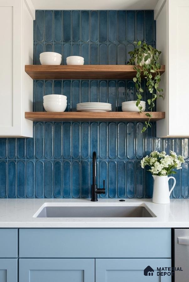 Modern kitchen with blue kitkat subway wall tiles, white quartz countertop, and light blue laminate cabinets