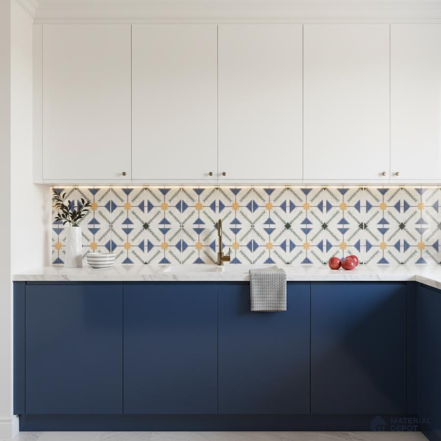 Modern kitchen with blue laminate base cabinets, white laminate wall cabinets, and geometric patterned backsplash tiles in Bengaluru