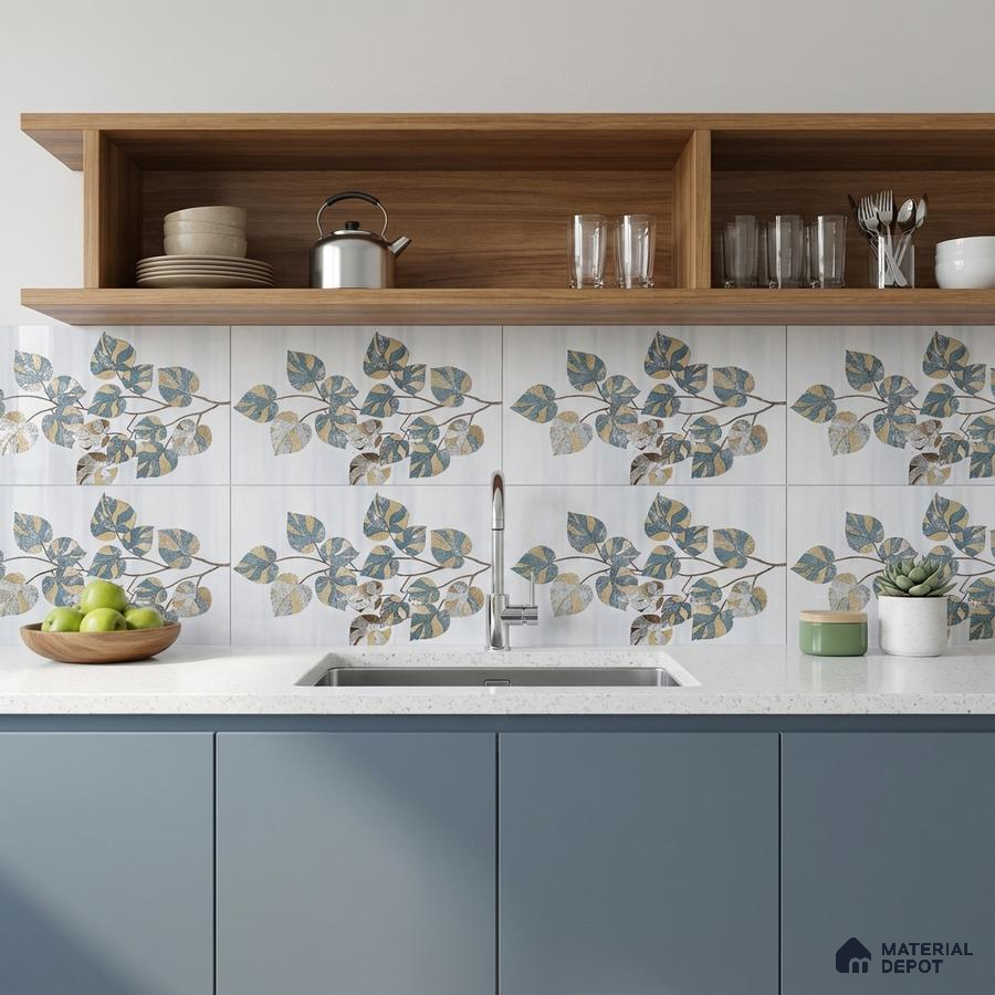 Modern kitchen with blue laminate cabinets, floral patterned backsplash tiles, and white quartz countertop
