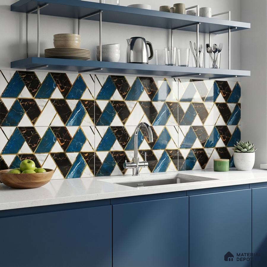 Modern kitchen with blue laminate cabinets, white quartz countertop, and geometric blue-black backsplash tiles