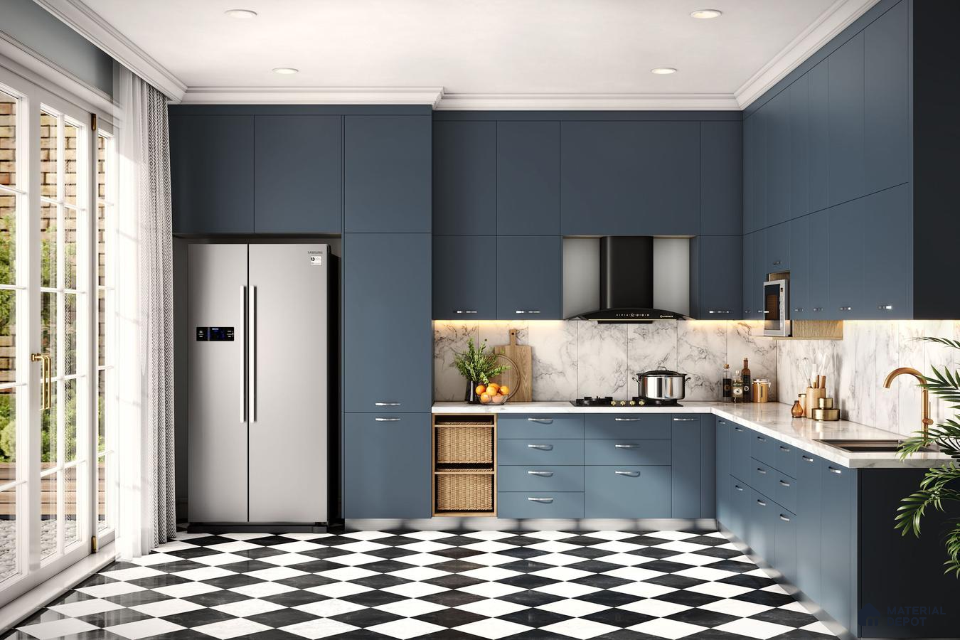 Modern kitchen with blue matte laminate cabinets, marble-look backsplash, and black-and-white checkerboard floor tiles in Bengaluru | Material Depot