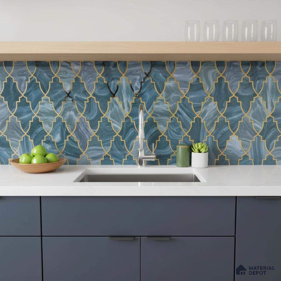 Modern kitchen with blue moroccan backsplash tile and white quartz countertop