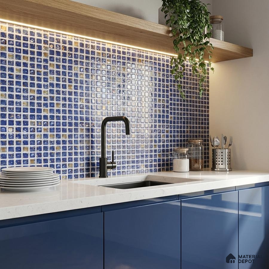 Modern kitchen with blue mosaic backsplash tile, white quartz countertop, and glossy blue laminate cabinets