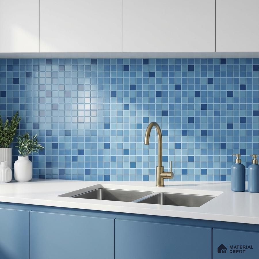 Modern kitchen with blue mosaic backsplash tiles, matte blue laminate cabinets, and white quartz countertop