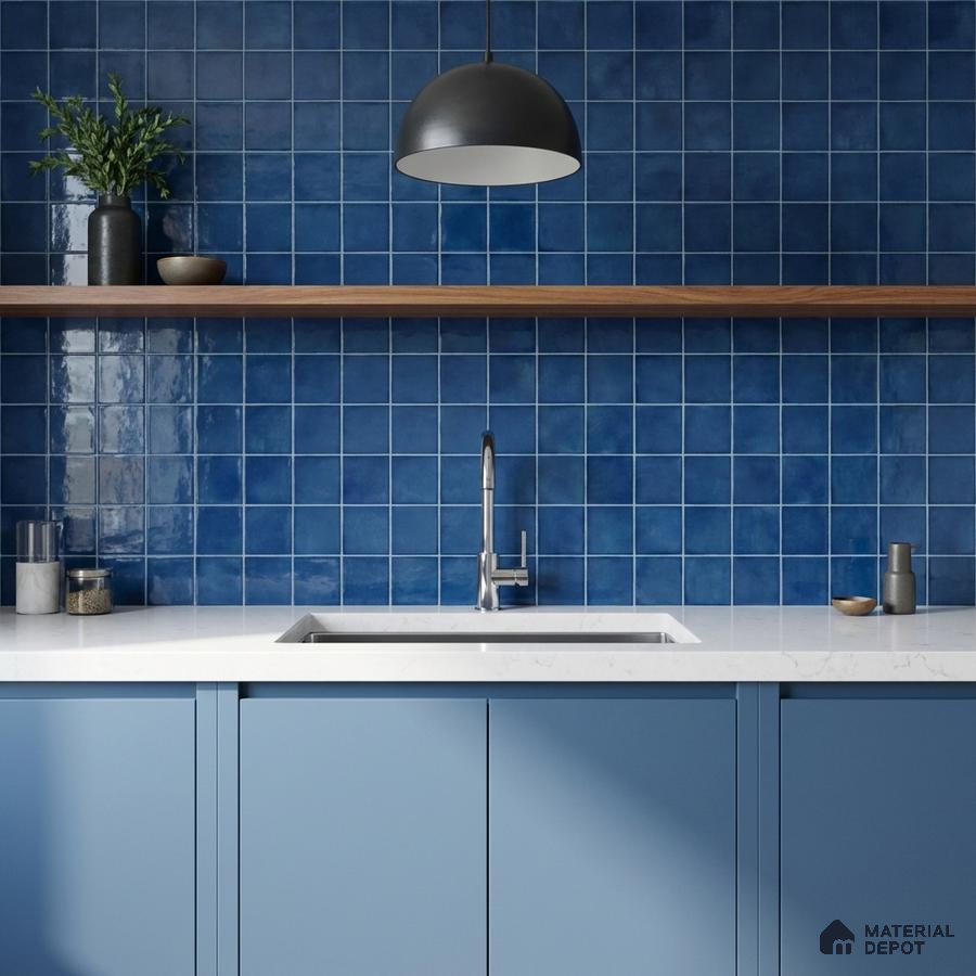 Modern kitchen with blue square wall tiles, pastel blue laminate cabinets, and white quartz countertop