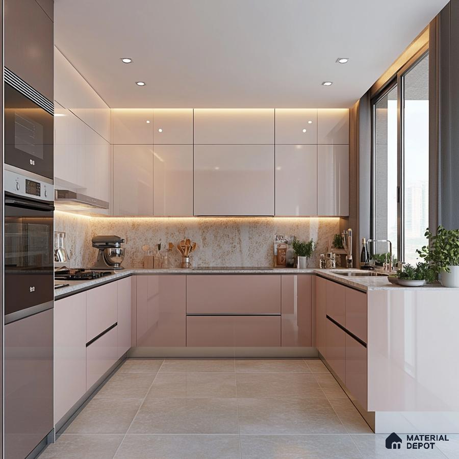Modern kitchen with blush pink high gloss laminate, beige marble backsplash, and white quartz countertop in Bengaluru | Material Depot