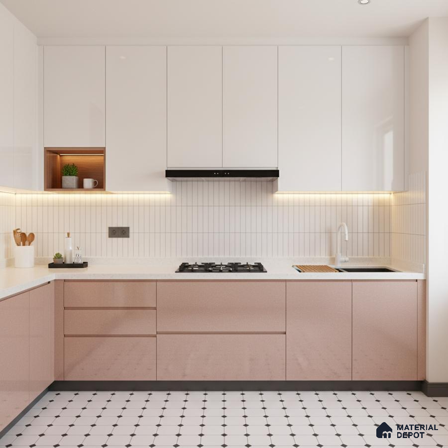Modern kitchen with blush pink high gloss laminate, frosty white laminate, and white quartz countertop in Bengaluru