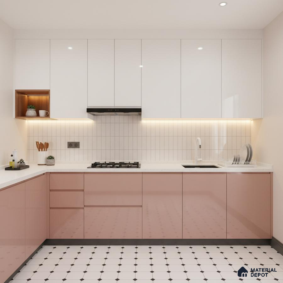 Modern kitchen with blush pink high gloss laminate, frosty white laminate, and white quartz countertop in Bengaluru