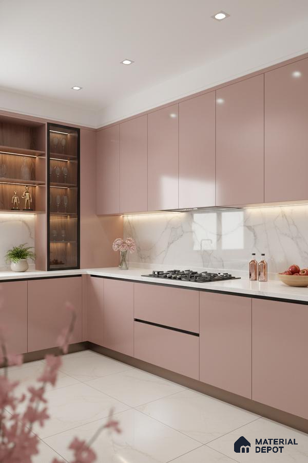 Modern kitchen with blush pink high gloss laminate, white marble backsplash, and white marble floor tiles in Bengaluru