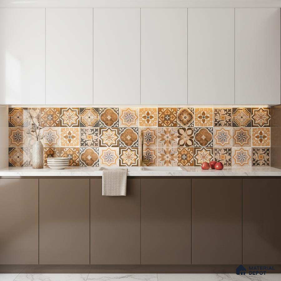 Modern kitchen with brown laminate cabinets, white upper cabinets, and Moroccan patterned backsplash tiles in Bengaluru