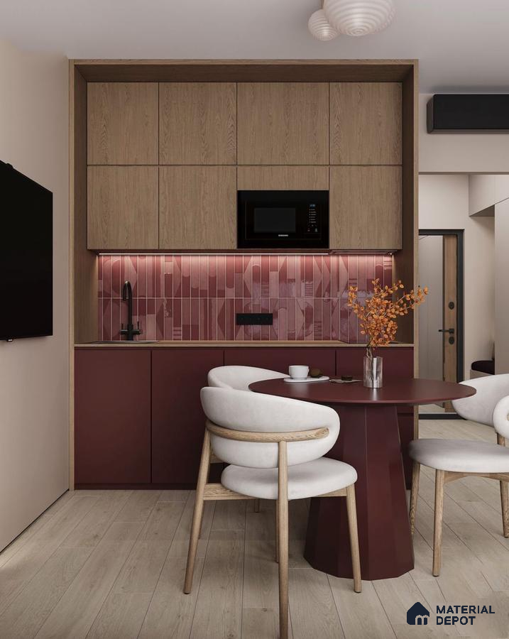 Modern kitchen with burgundy laminate, oak wood laminate, and geometric pink backsplash tile in Bengaluru | Material Depot