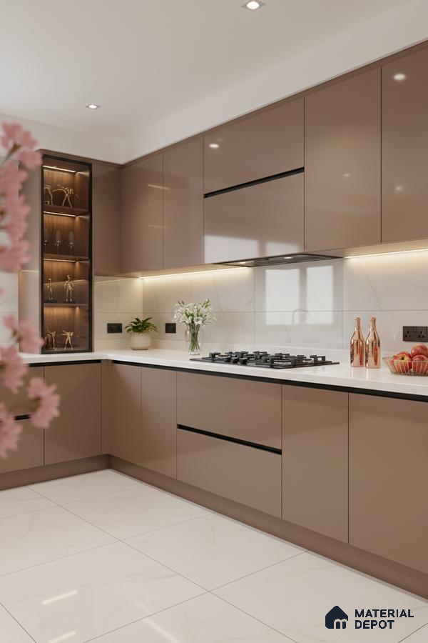 Modern kitchen with cappuccino high gloss laminate, white quartz countertop, and marble-look floor tiles in Bengaluru