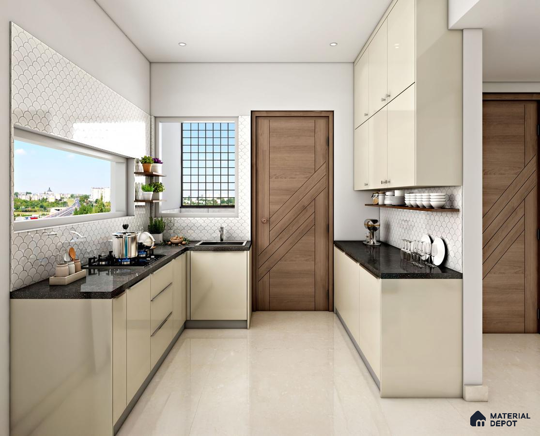 Modern kitchen with cream high gloss laminate, black granite countertop, and white fishscale backsplash tile in Bengaluru | Material Depot