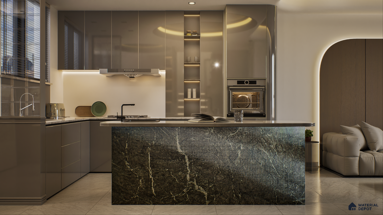 Modern Kitchen with Dark Fluted Acrylic Cabinets and Glossy Finishes | Material Depot