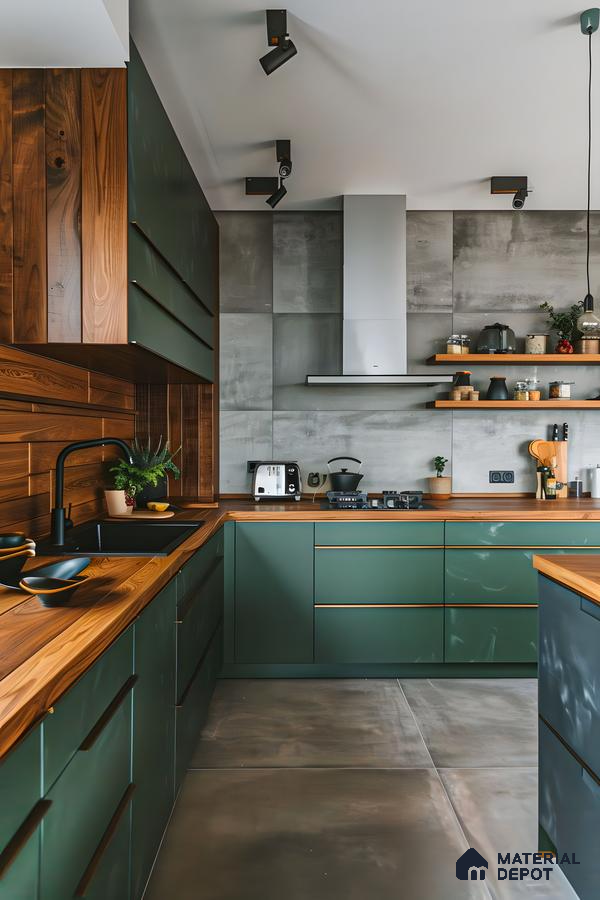 Modern Kitchen with Dark Green Cabinets and Industrial Accents | Material Depot