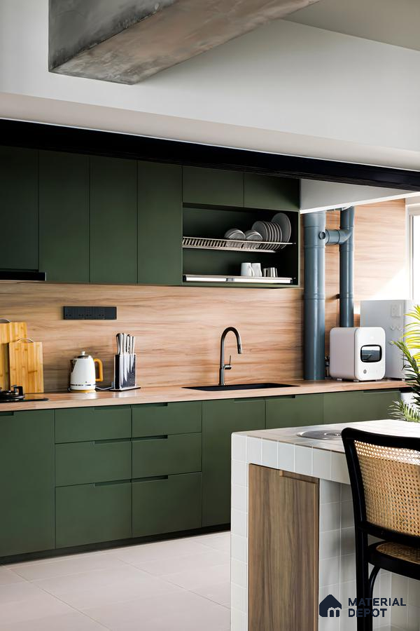 Modern Kitchen with Dark Green Cabinets and Wood Accents | Material Depot