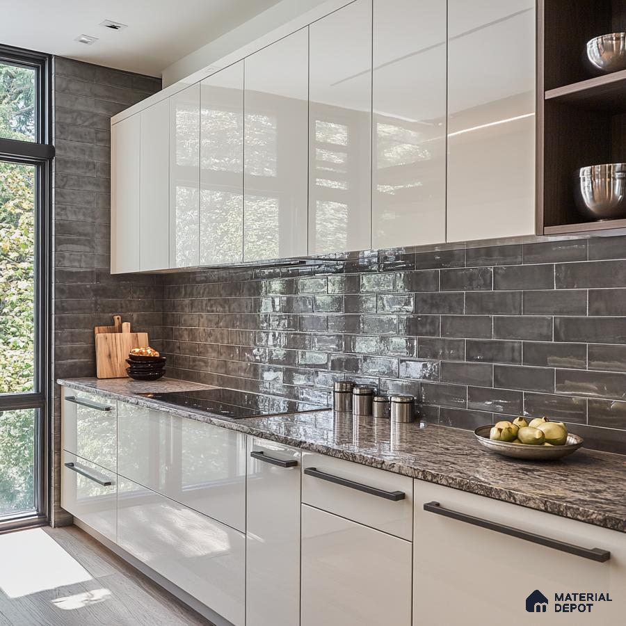 Modern Kitchen with Dark Stone Backsplash and Sleek White Cabinetry | Material Depot