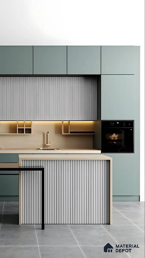 Modern Kitchen with Fluted Panel Detailing and Sleek Green Cabinetry | Material Depot